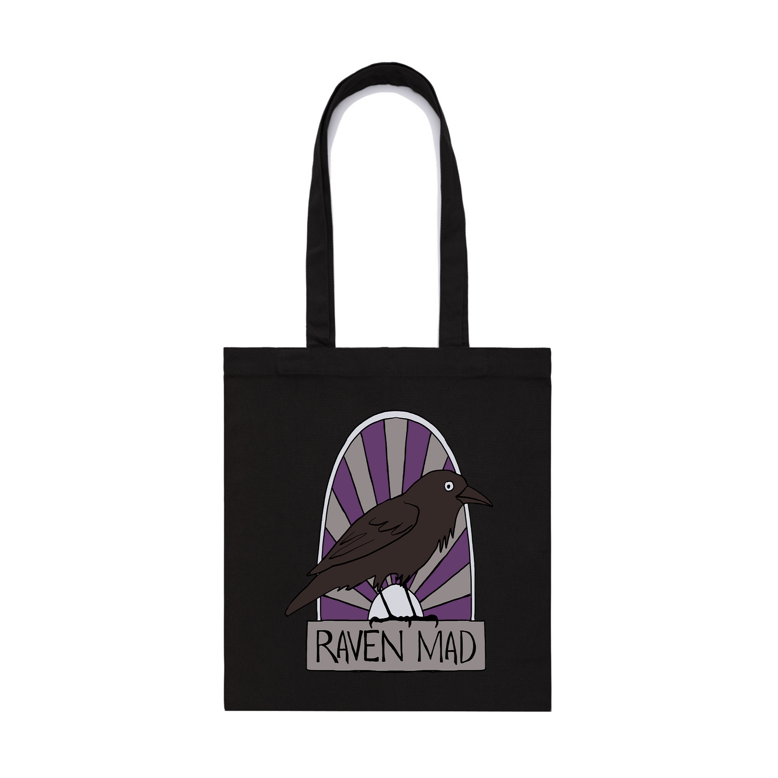 Black parcel tote with Raven Mad Tote graphic by Lonely Kids Club