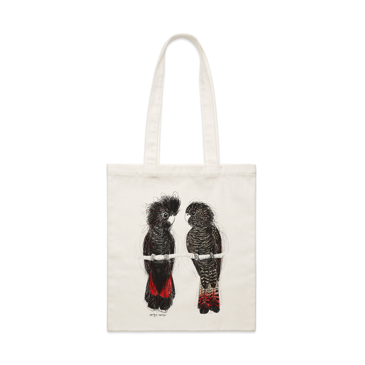 Cream parcel tote with Red Tailed Black Cockatoos Tote graphic by Lonely Kids Club