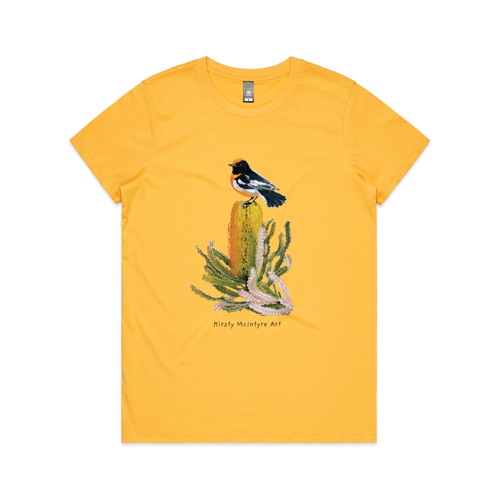 Yellow fitted womens t-shirt with Red Robin graphic by Lonely Kids Club