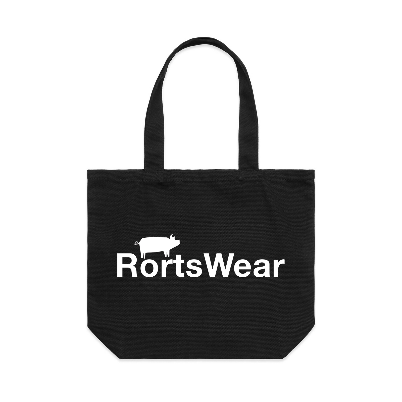 Black shoulder tote with Rortswear Tote graphic by Lonely Kids Club