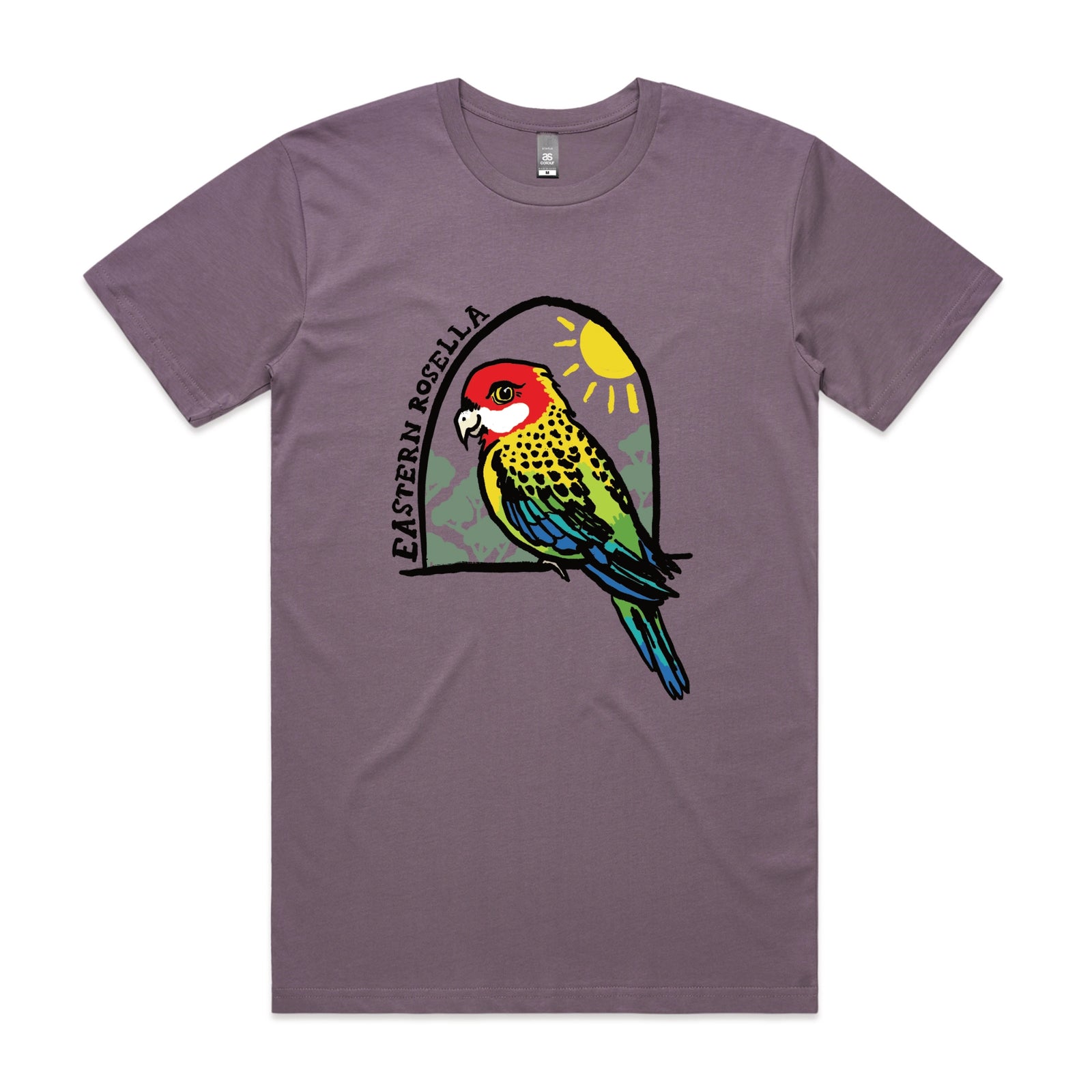 Mauve unisex t-shirt with Eastern Rosella graphic by Lonely Kids Club
