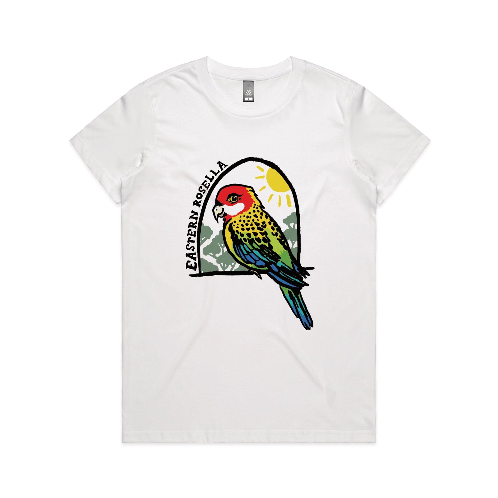 White fitted womens t-shirt with Eastern Rosella graphic by Lonely Kids Club