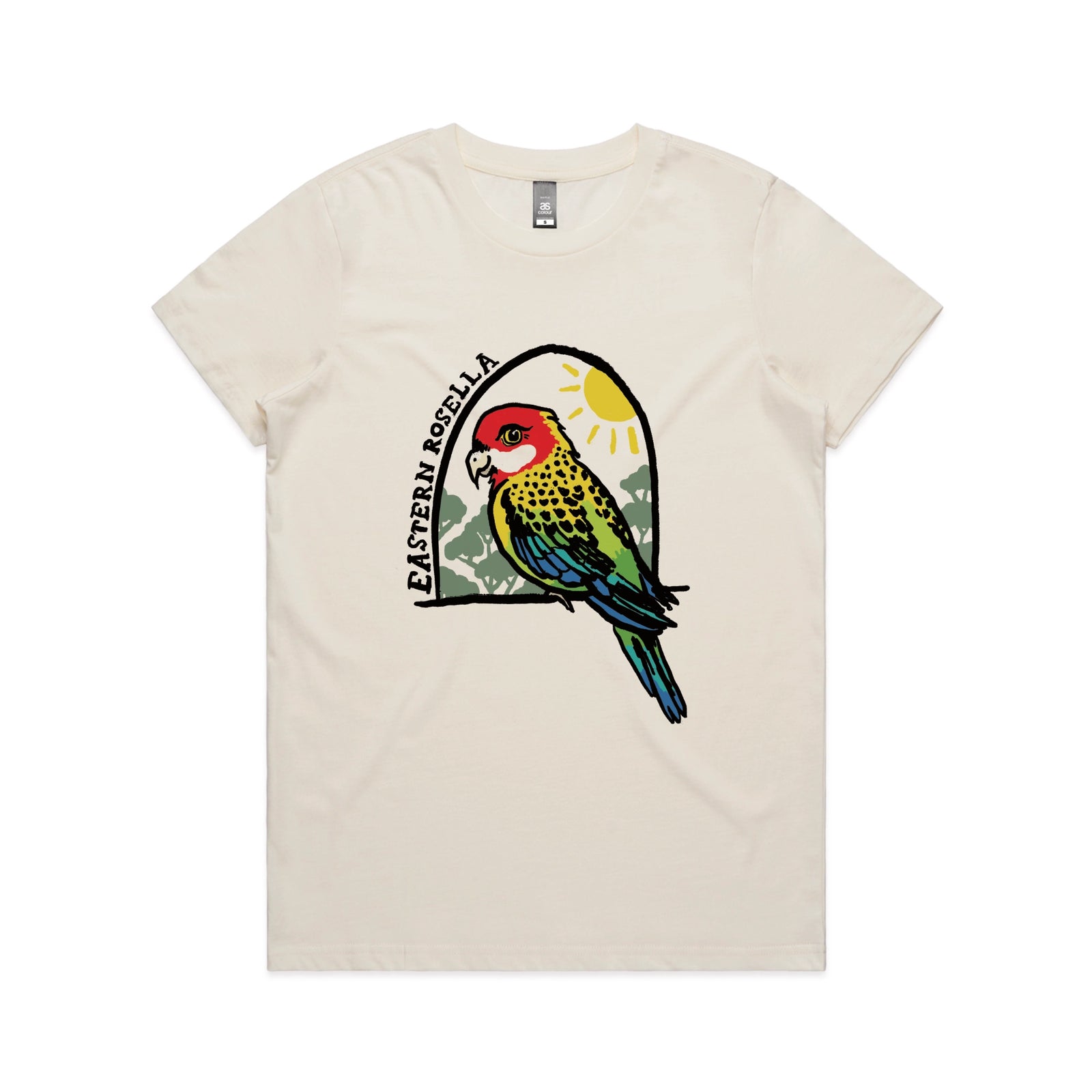 Ecru fitted womens t-shirt with Eastern Rosella graphic by Lonely Kids Club