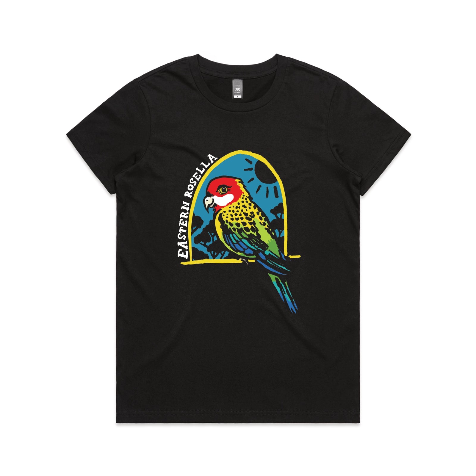 Black fitted womens t-shirt with Eastern Rosella graphic by Lonely Kids Club