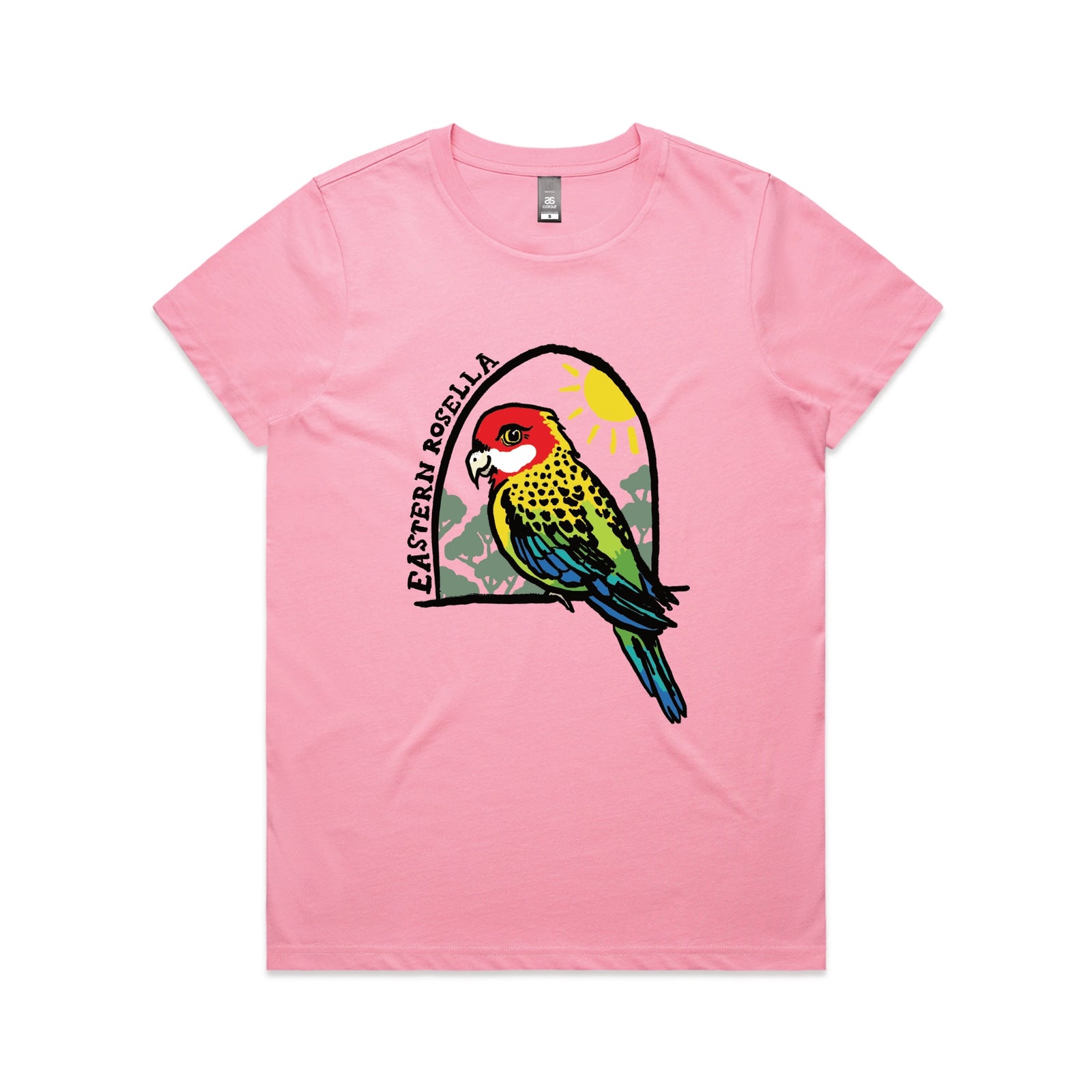 Bubblegum fitted womens t-shirt with Eastern Rosella graphic by Lonely Kids Club