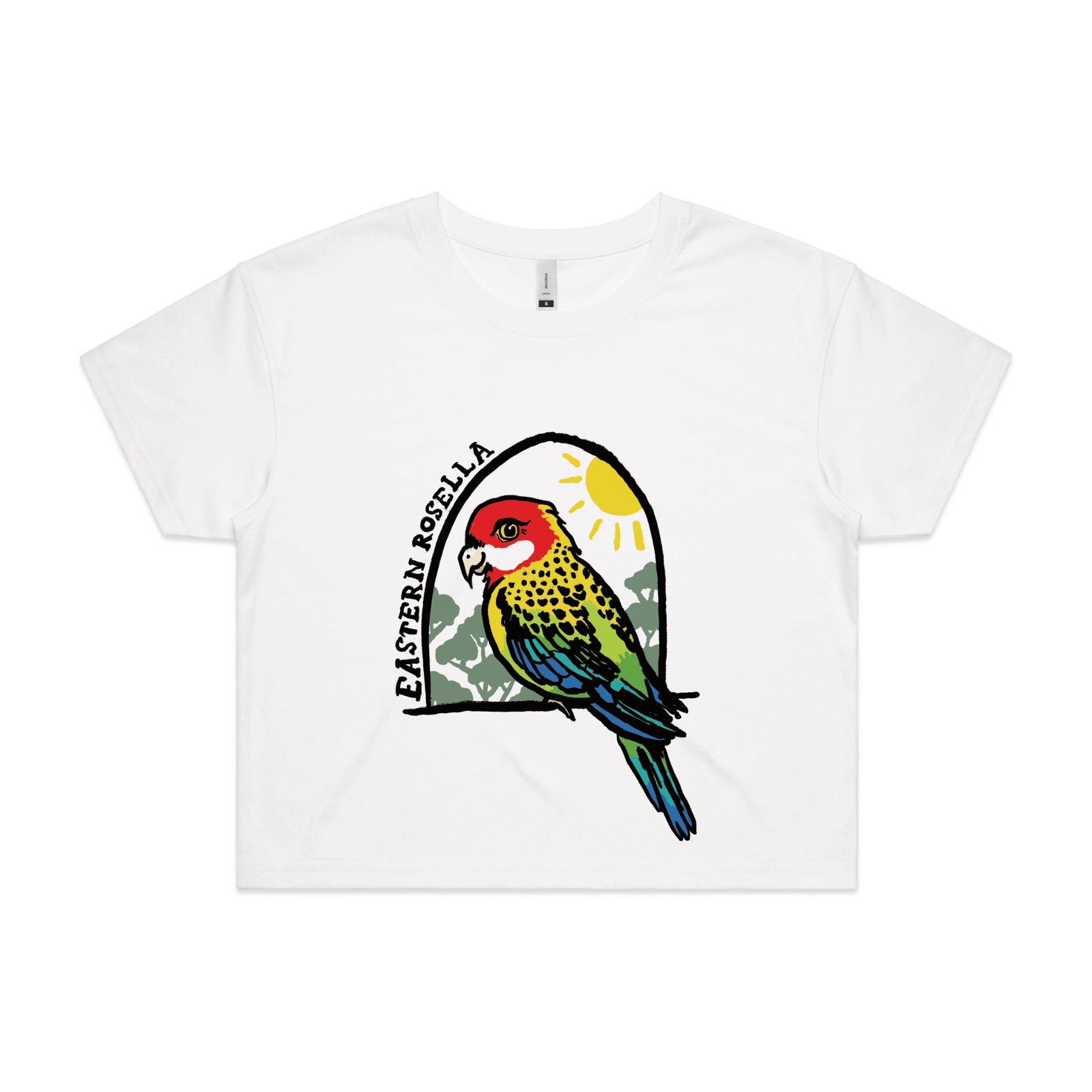 White crop top with Eastern Rosella graphic by Lonely Kids Club