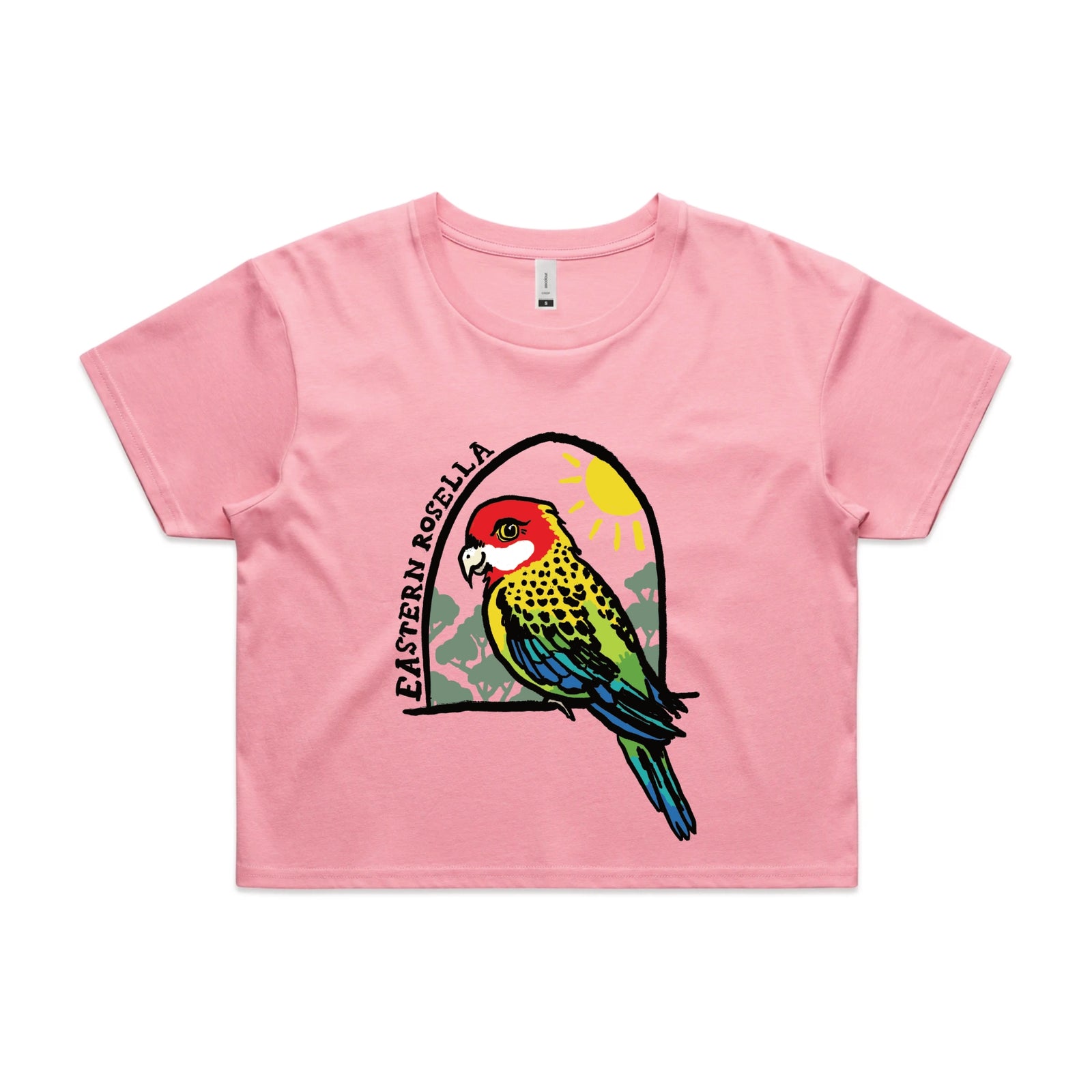 Bubblegum crop top with Eastern Rosella graphic by Lonely Kids Club