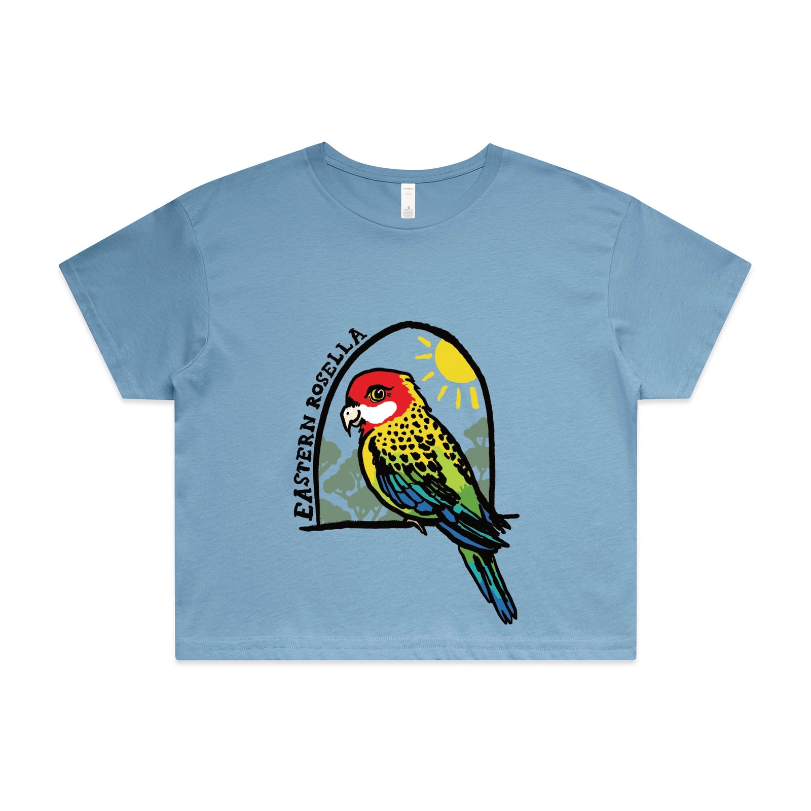 Carolina Blue crop top with Eastern Rosella graphic by Lonely Kids Club