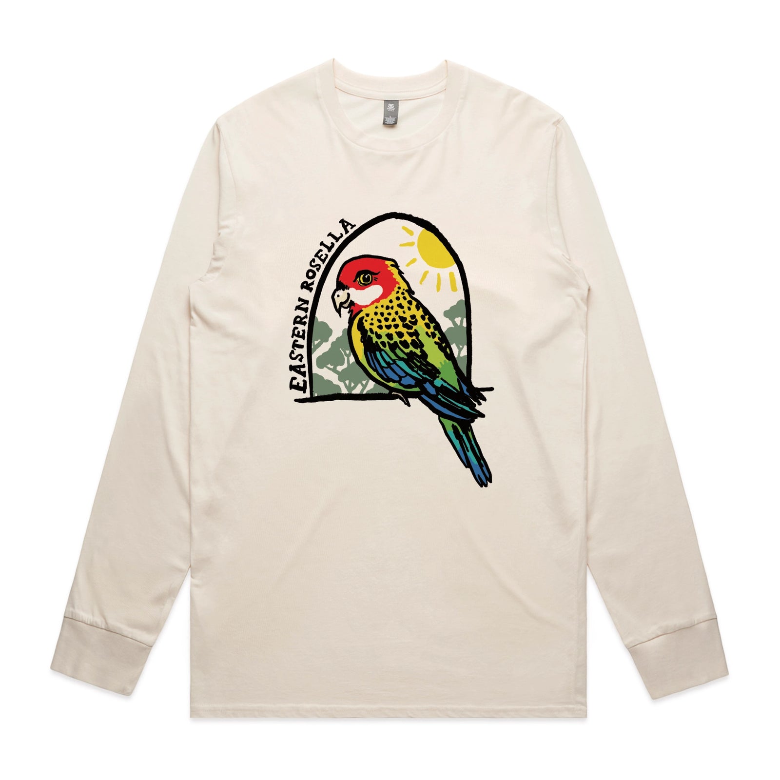 Ecru long sleeve t-shirt with Eastern Rosella graphic by Lonely Kids Club