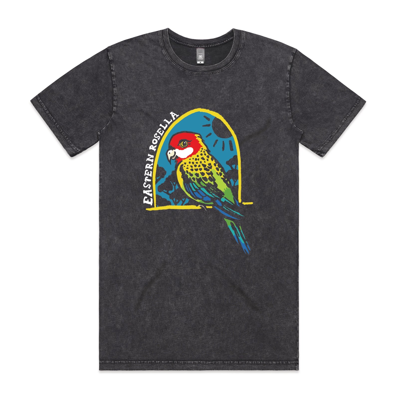 Acid Wash unisex t-shirt with Eastern Rosella graphic by Lonely Kids Club