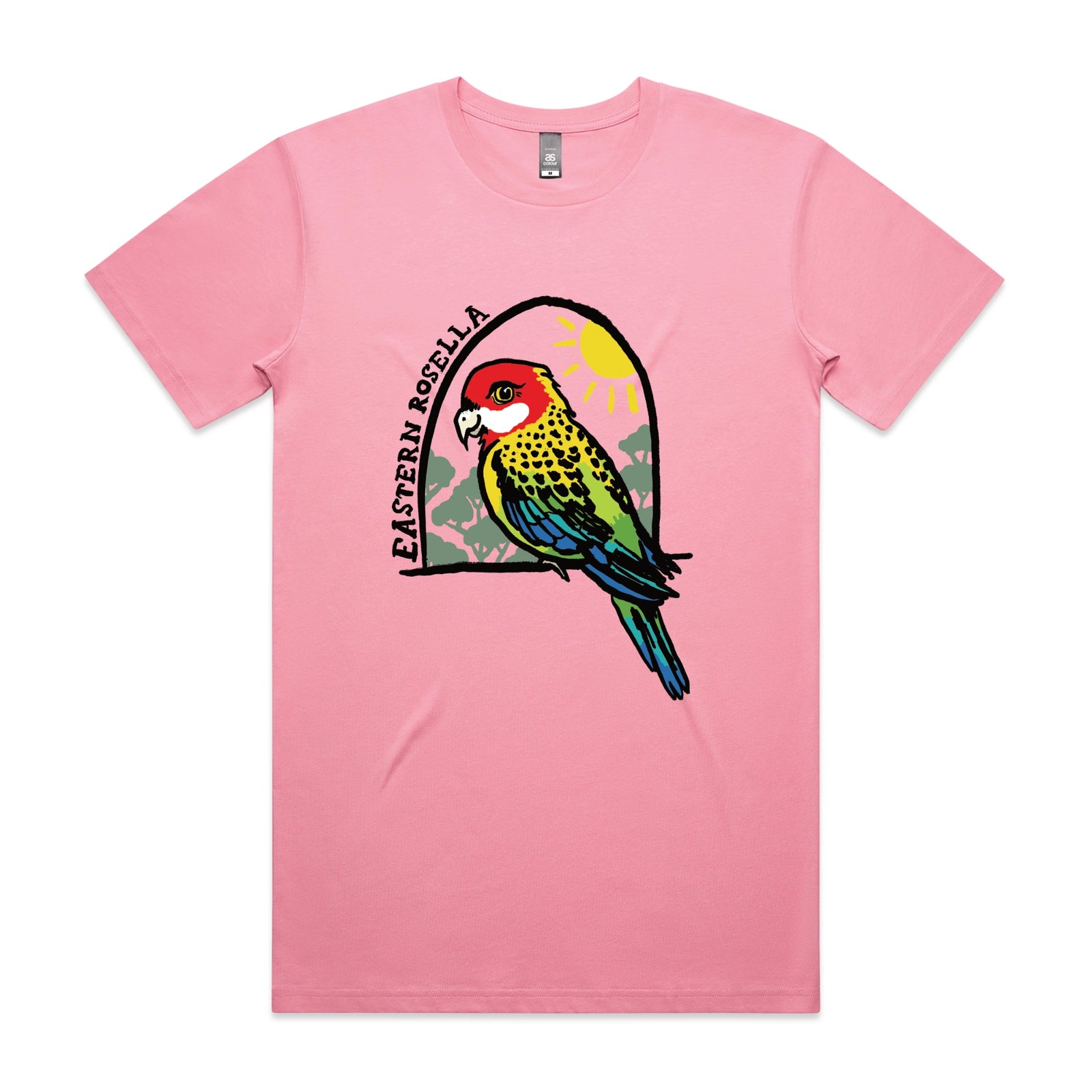 Bubblegum unisex t-shirt with Eastern Rosella graphic by Lonely Kids Club