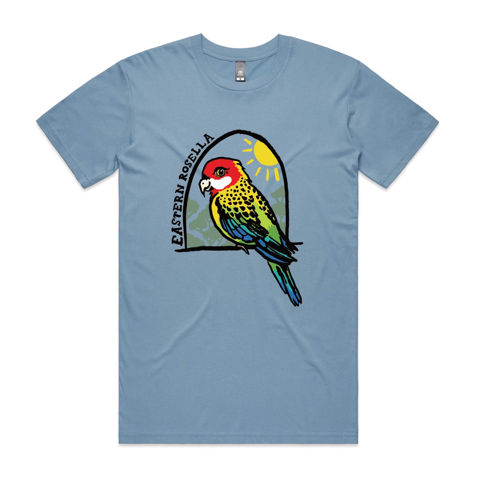 Carolina Blue unisex t-shirt with Eastern Rosella graphic by Lonely Kids Club