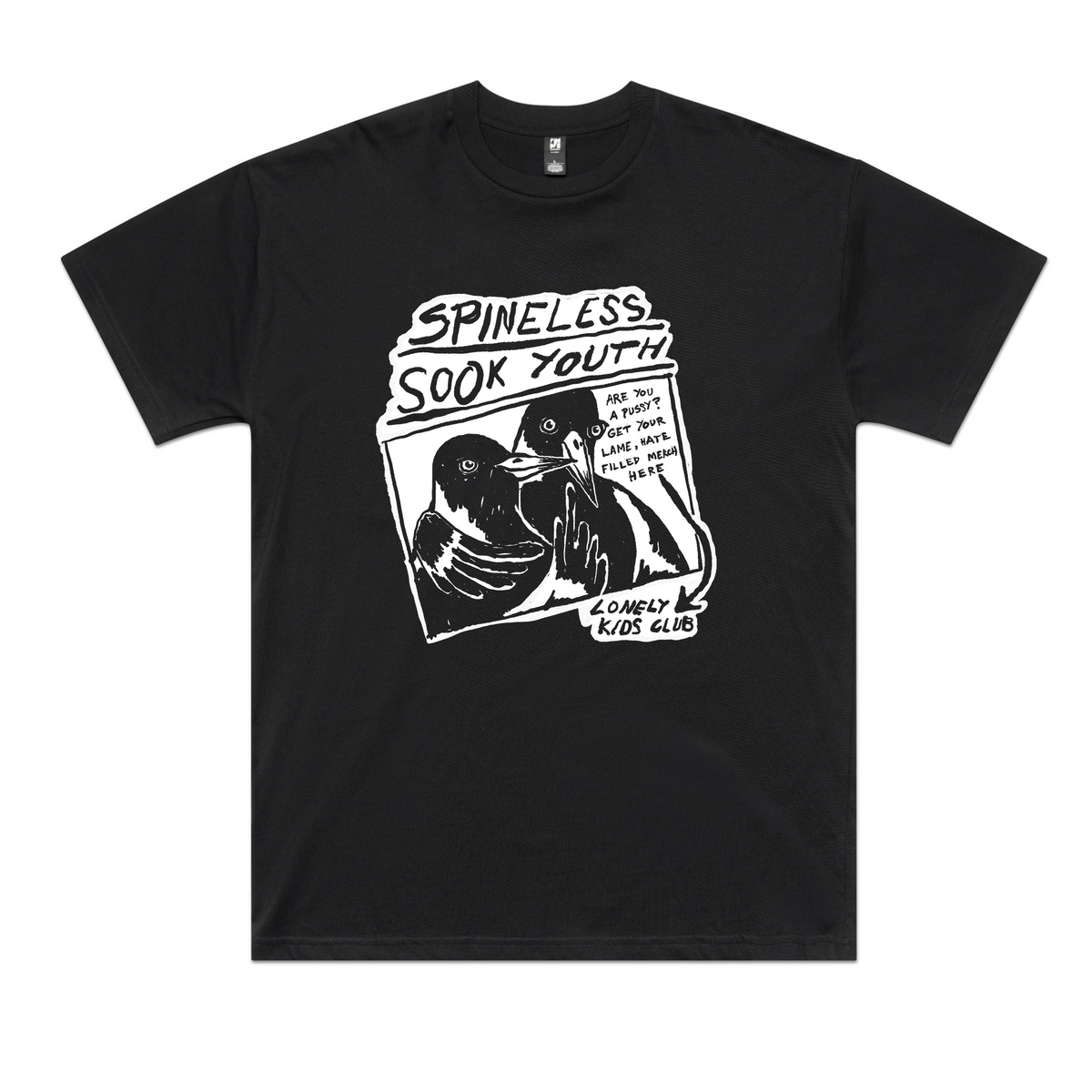 Black oversized t-shirt with Spineless Sook Youth graphic by Lonely Kids Club
