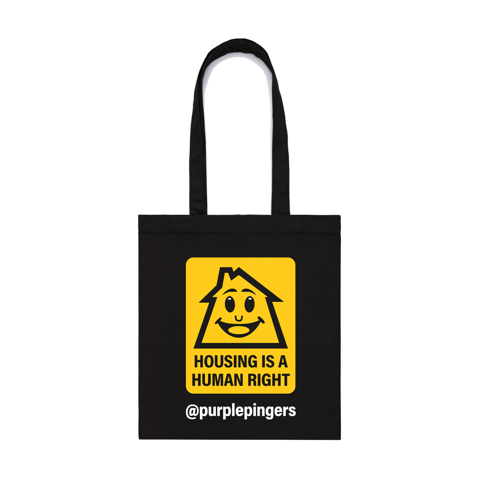 Black parcel tote with Safety Tote graphic by Lonely Kids Club