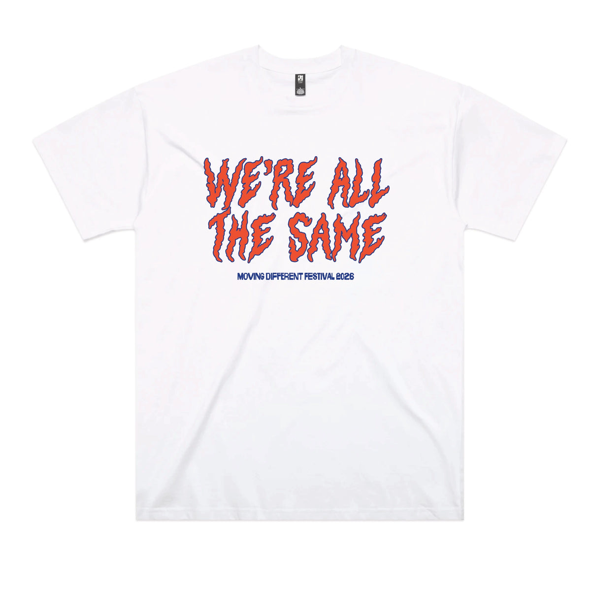 White oversized t-shirt with Moving Different All The Same graphic by Lonely Kids Club