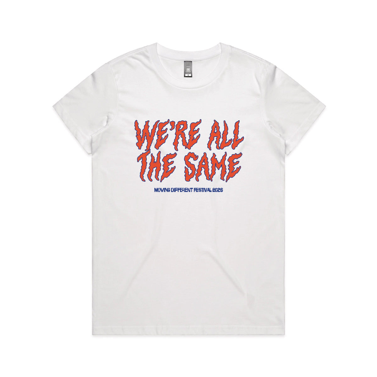 White fitted womens t-shirt with Moving Different All The Same graphic by Lonely Kids Club