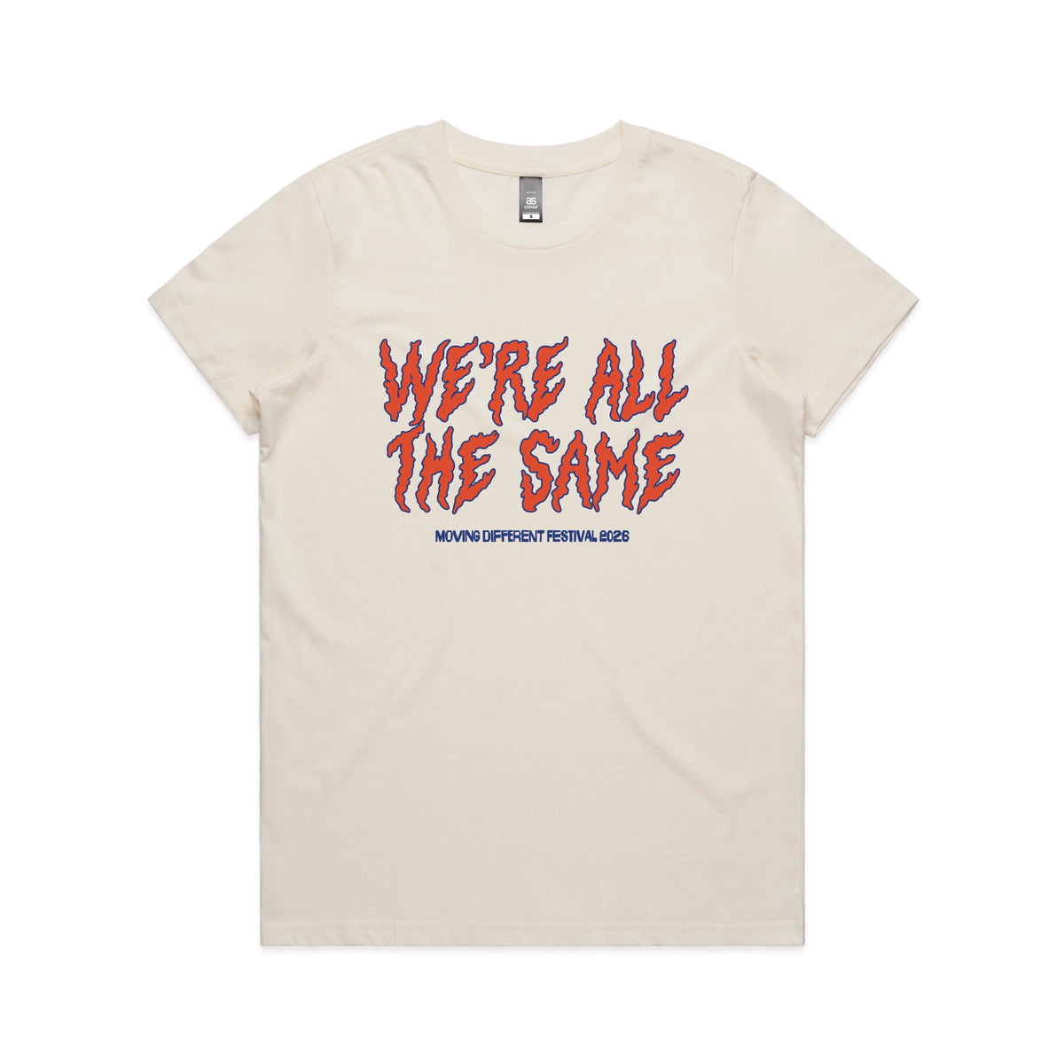 Ecru fitted womens t-shirt with Moving Different All The Same graphic by Lonely Kids Club