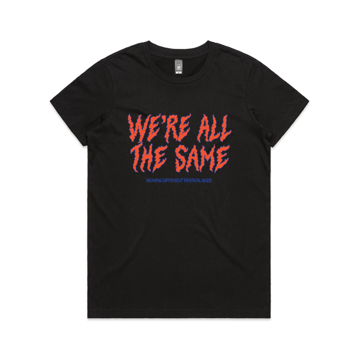 Black fitted womens t-shirt with Moving Different All The Same graphic by Lonely Kids Club