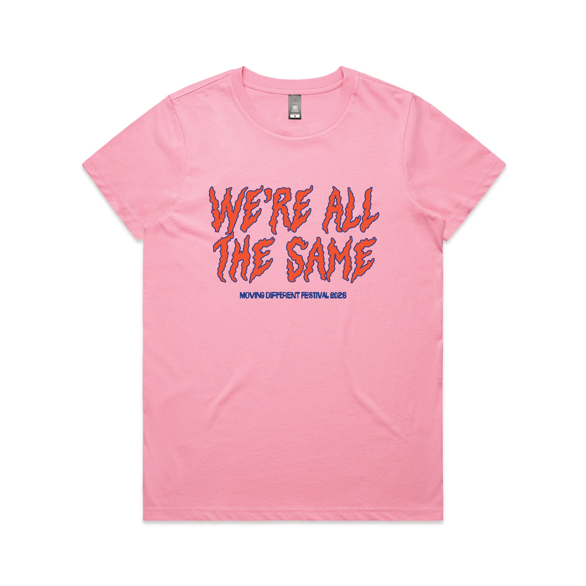 Bubblegum fitted womens t-shirt with Moving Different All The Same graphic by Lonely Kids Club