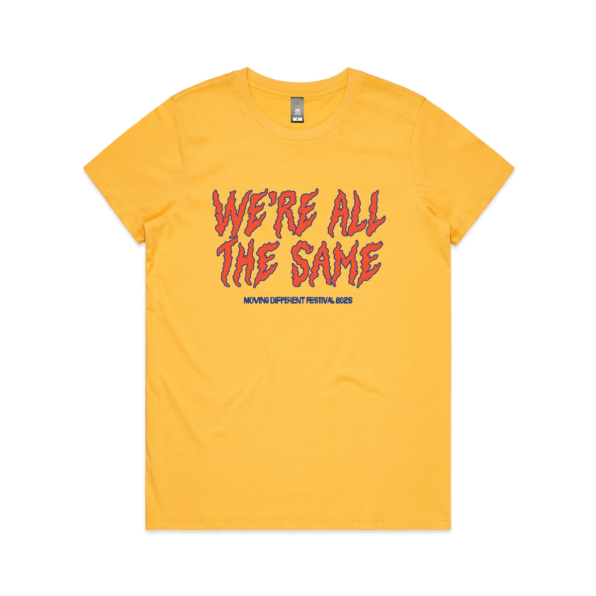 Yellow fitted womens t-shirt with Moving Different All The Same graphic by Lonely Kids Club