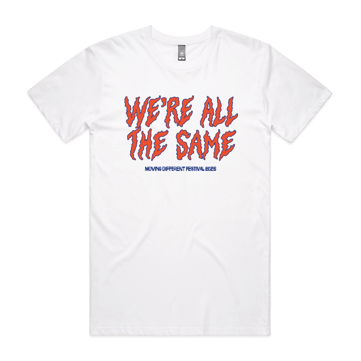 White unisex t-shirt with Moving Different All The Same graphic by Lonely Kids Club