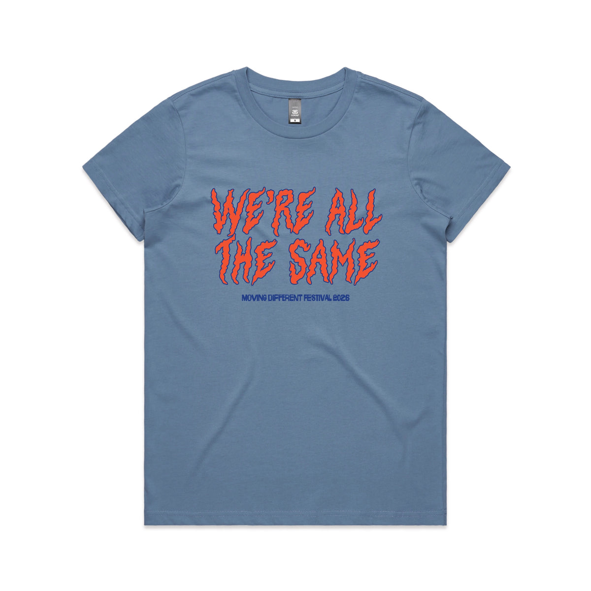 Carolina Blue fitted womens t-shirt with Moving Different All The Same graphic by Lonely Kids Club