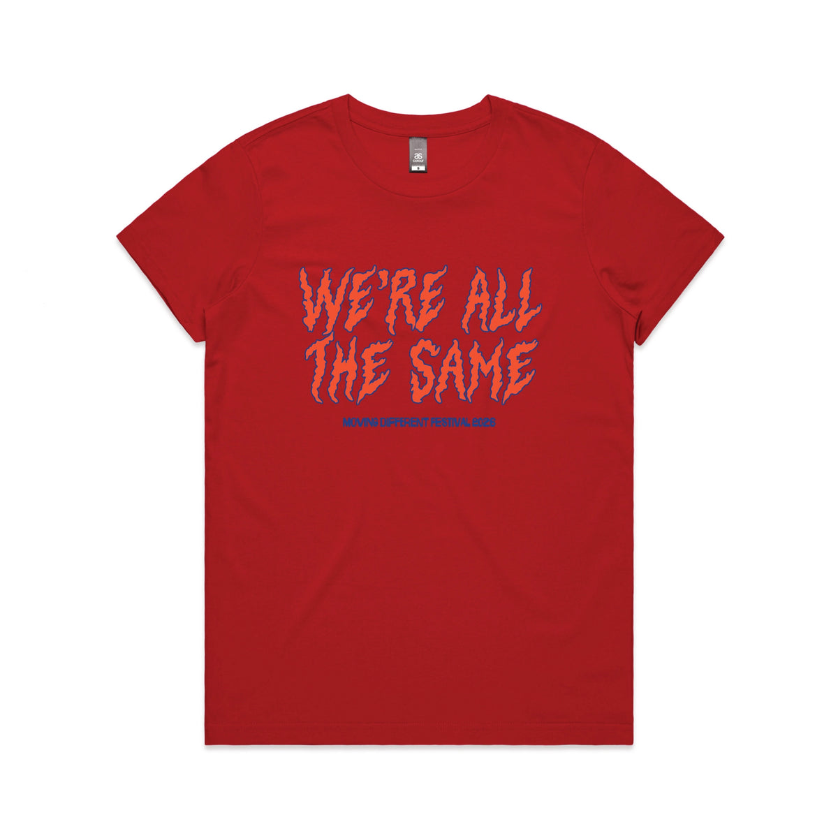 Red fitted womens t-shirt with Moving Different All The Same graphic by Lonely Kids Club