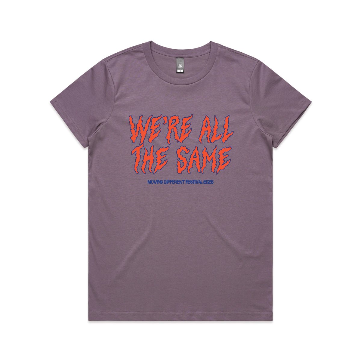 Mauve fitted womens t-shirt with Moving Different All The Same graphic by Lonely Kids Club