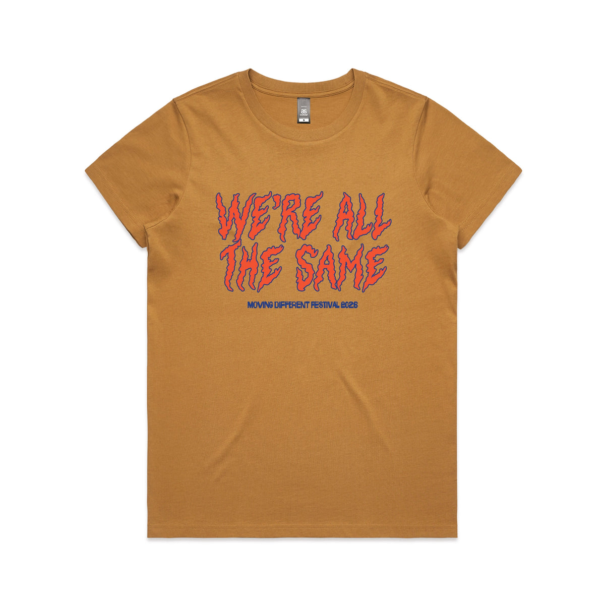 Camel fitted womens t-shirt with Moving Different All The Same graphic by Lonely Kids Club