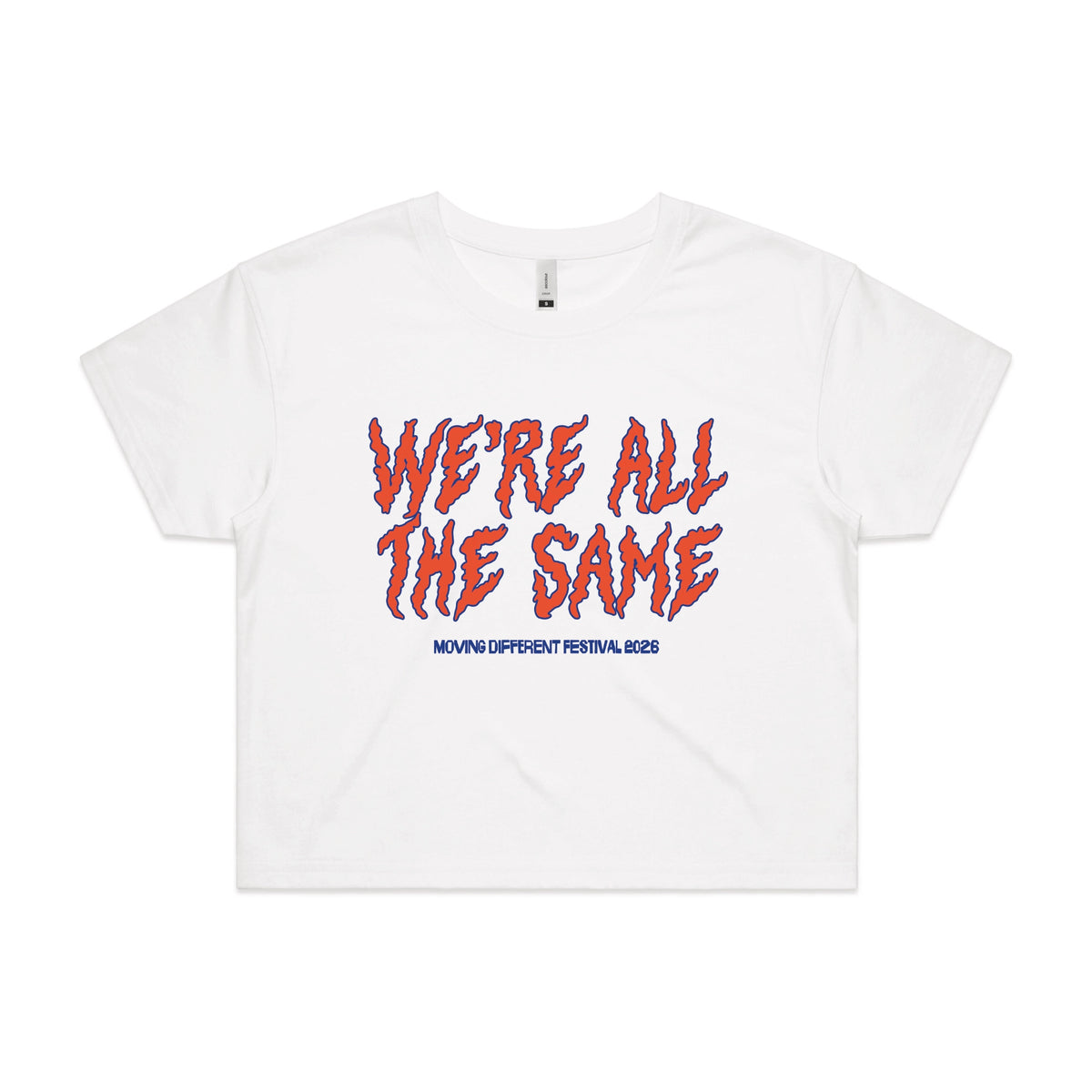 White crop top with Moving Different All The Same graphic by Lonely Kids Club