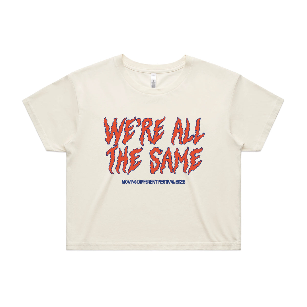 Ecru crop top with Moving Different All The Same graphic by Lonely Kids Club