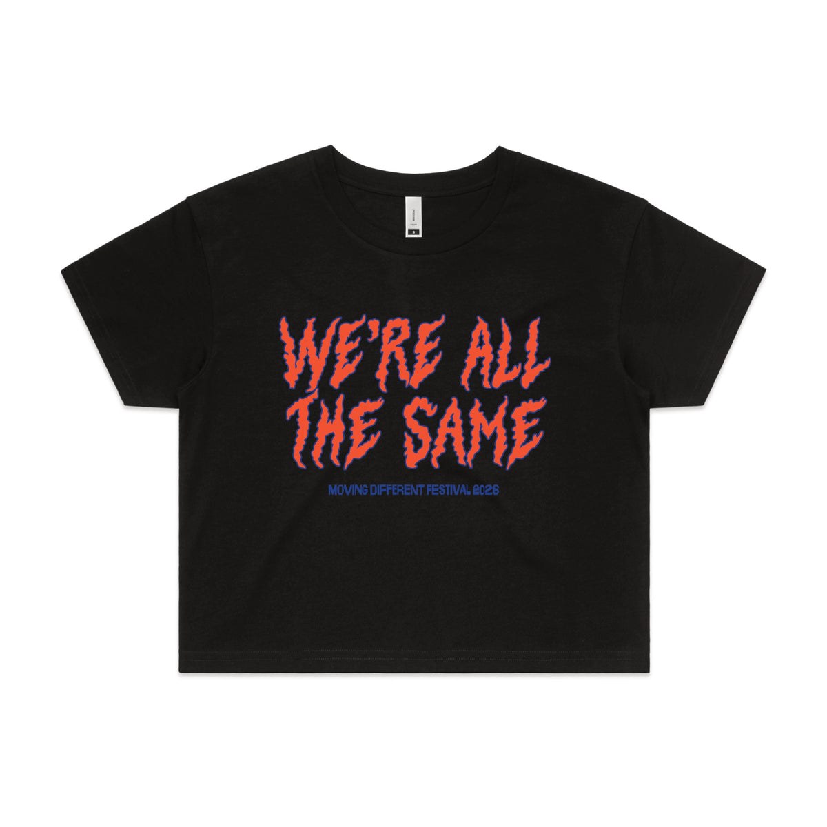 Black crop top with Moving Different All The Same graphic by Lonely Kids Club