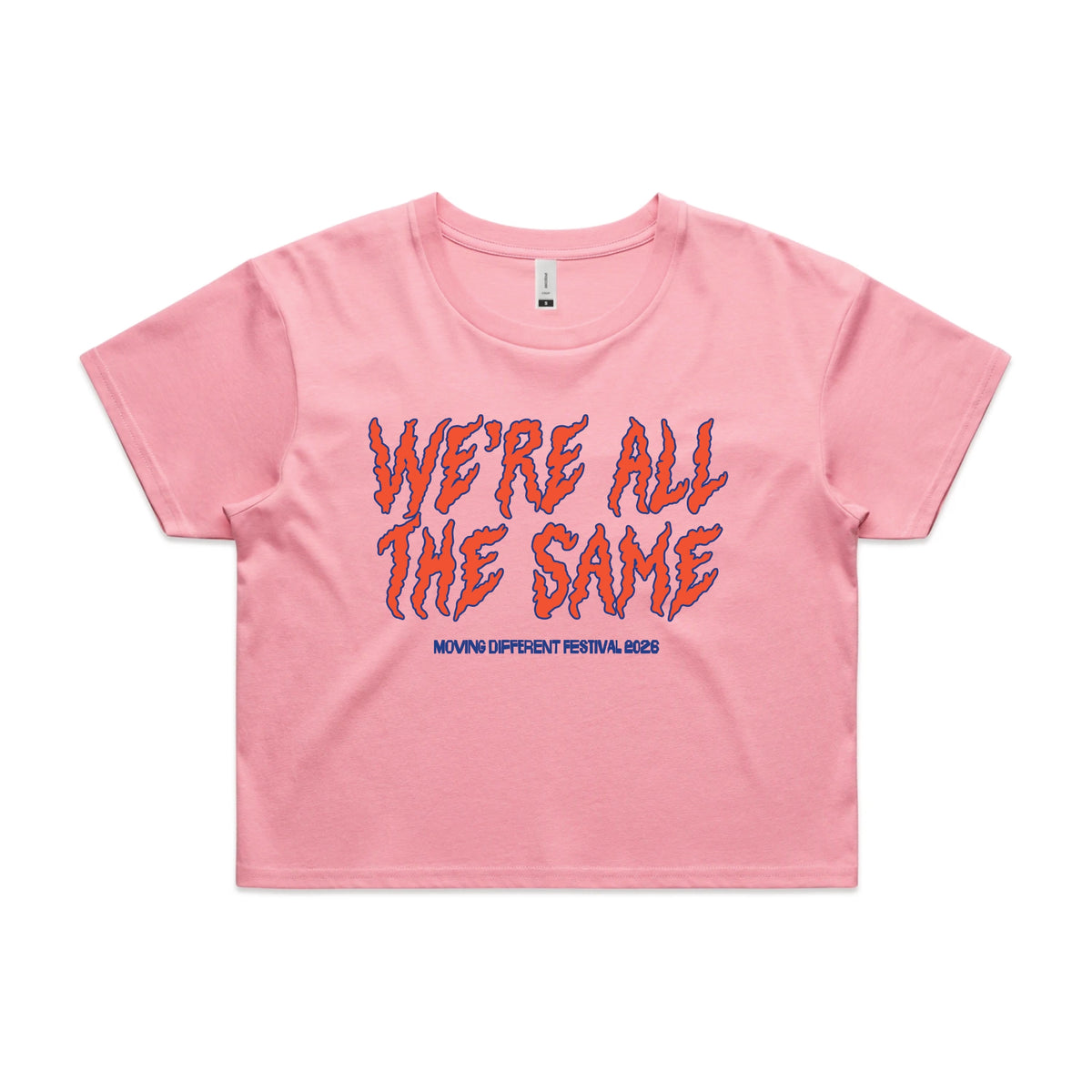 Bubblegum crop top with Moving Different All The Same graphic by Lonely Kids Club