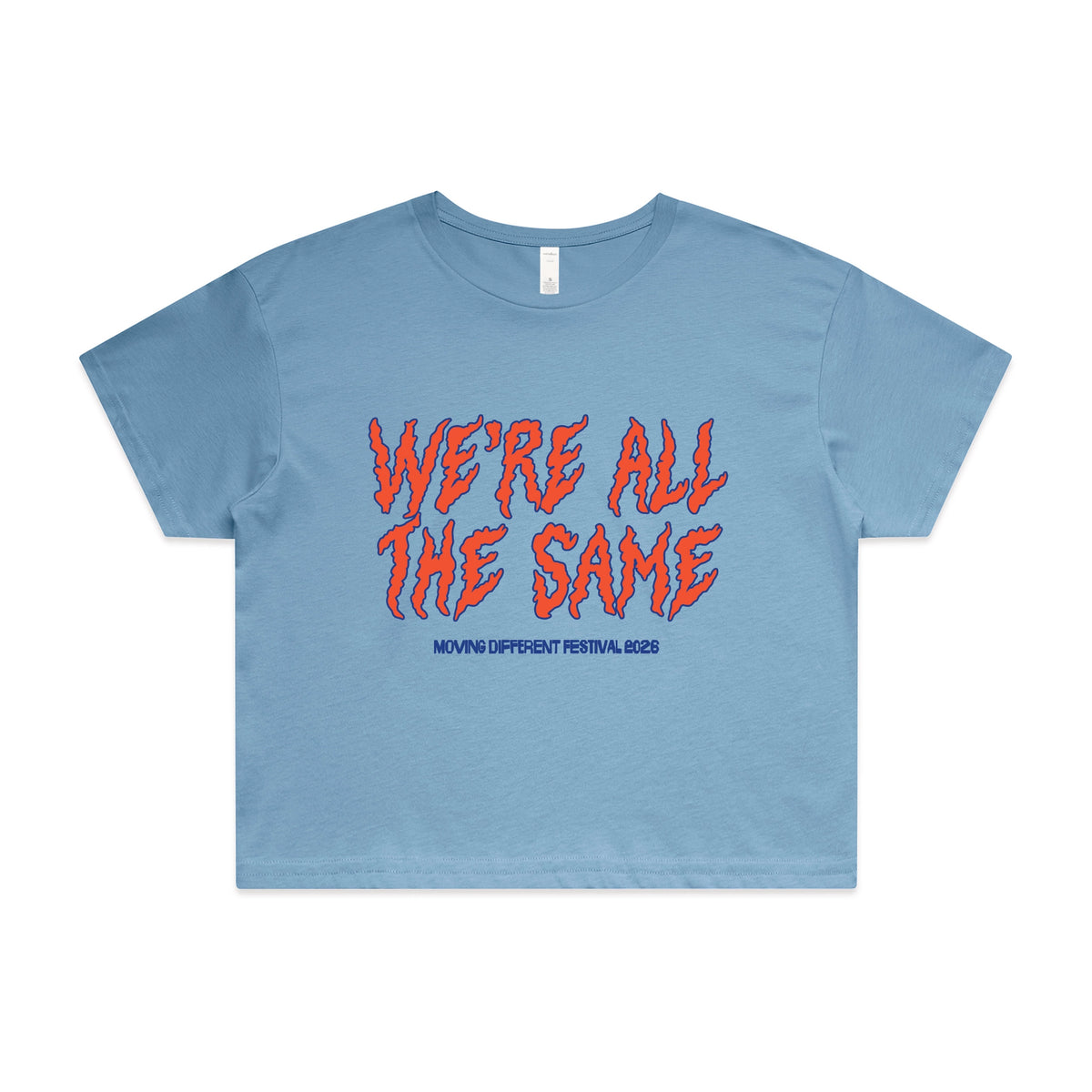 Carolina Blue crop top with Moving Different All The Same graphic by Lonely Kids Club
