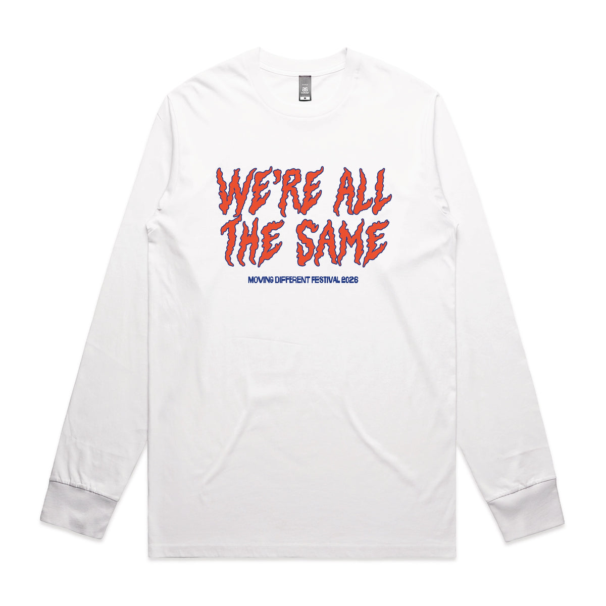 White long sleeve t-shirt with Moving Different All The Same graphic by Lonely Kids Club