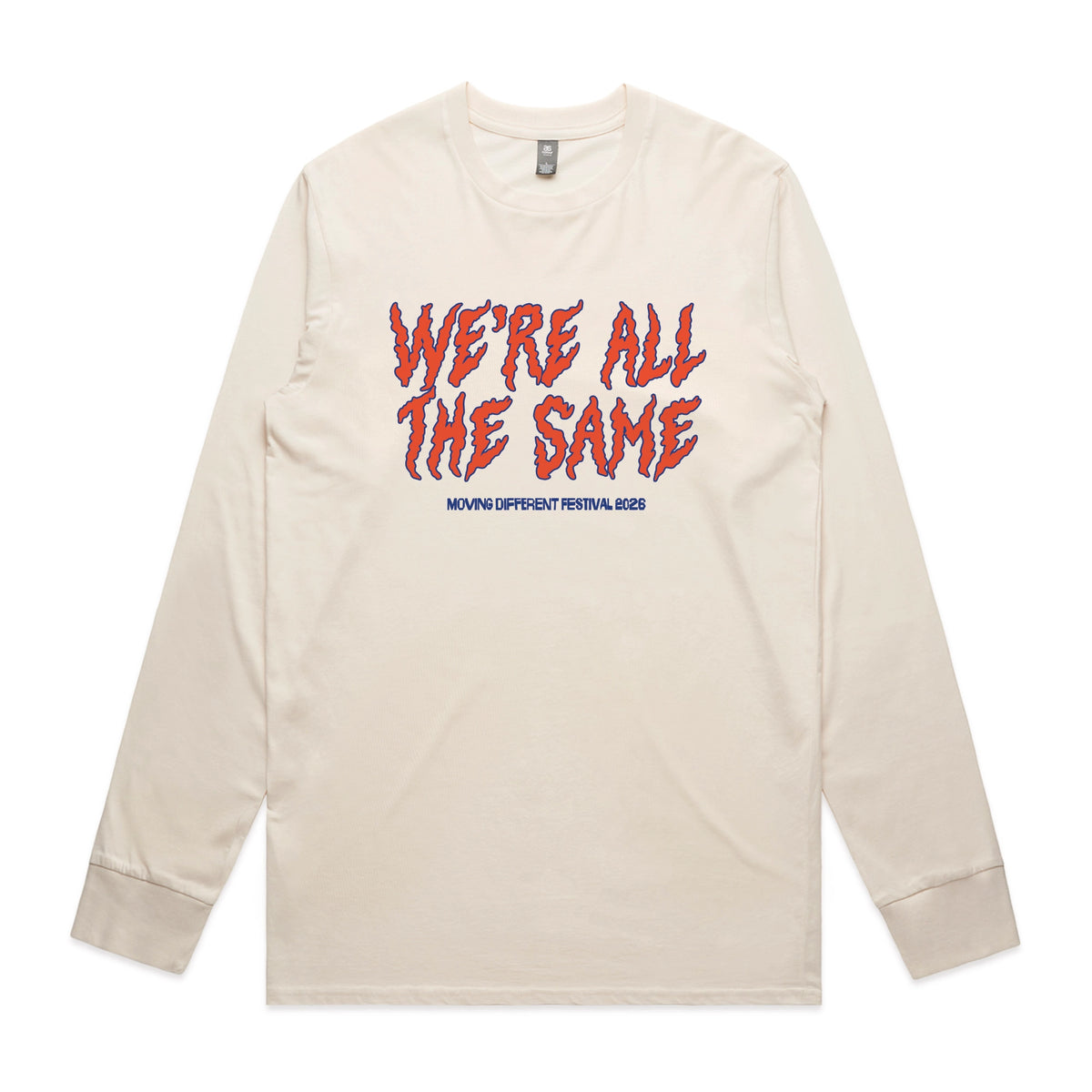 Ecru long sleeve t-shirt with Moving Different All The Same graphic by Lonely Kids Club