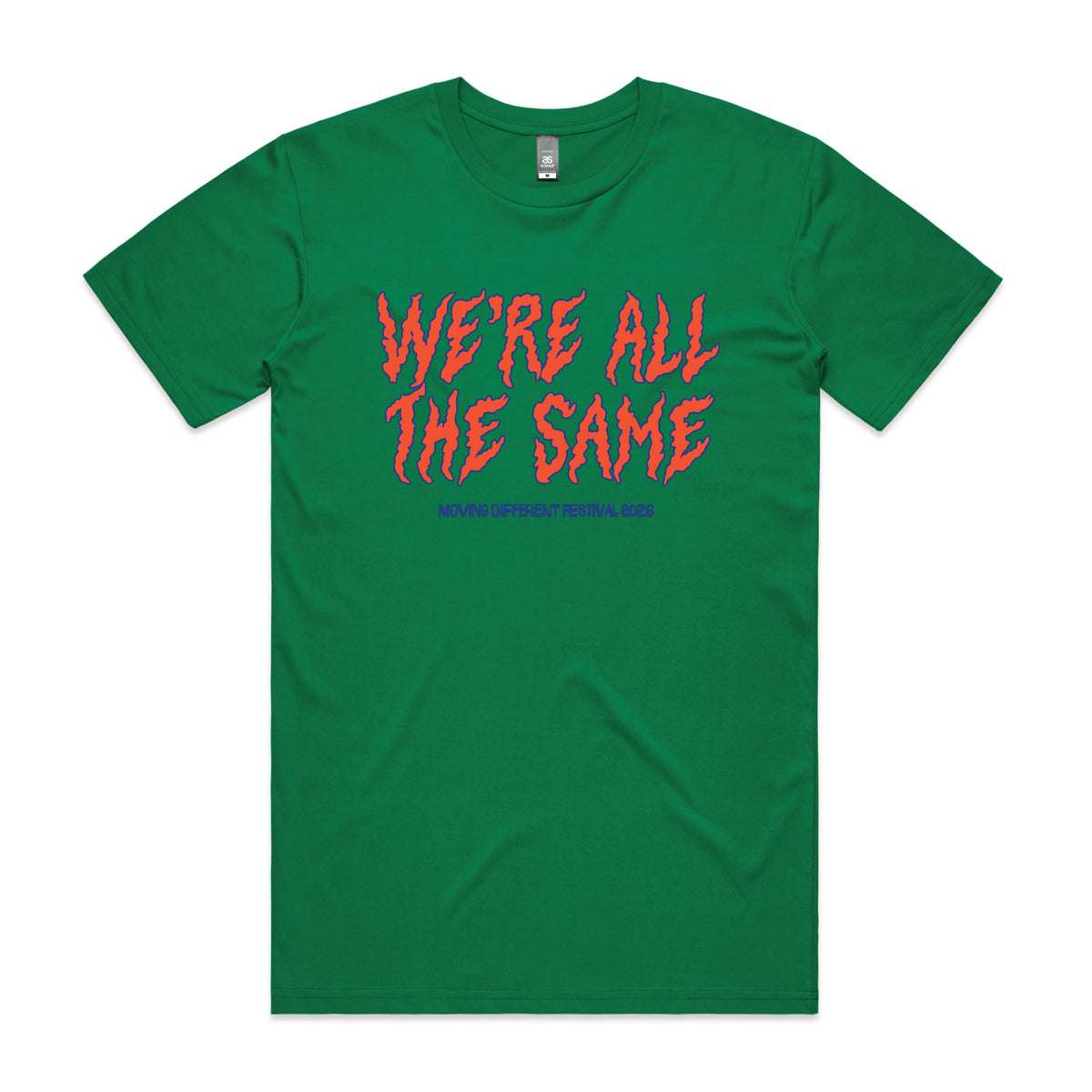 Green unisex t-shirt with Moving Different All The Same graphic by Lonely Kids Club