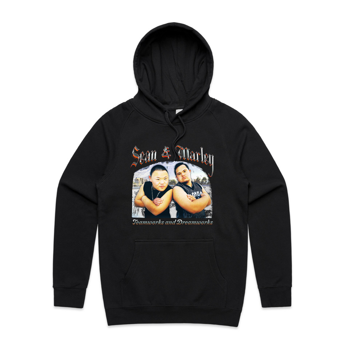Black regular hoodie with a photo of two men with 'Sean & Marley' and 'Teamworks and Dreamworks' text by Lonely Kids Club