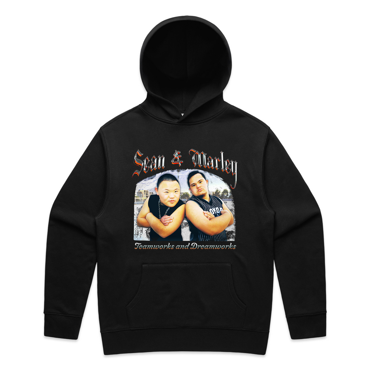 Black oversized hoodie with a photo of two men with 'Sean & Marley' and 'Teamworks and Dreamworks' text by Lonely Kids Club