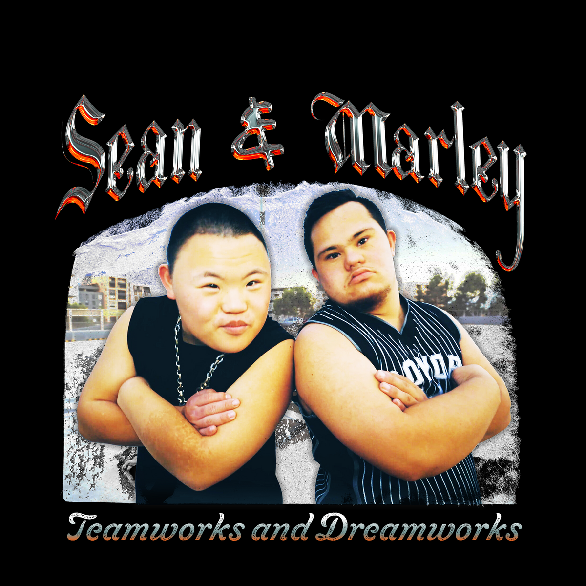 Hoodie with a photo of two men with 'Sean & Marley' and 'Teamworks and Dreamworks' text by Lonely Kids Club