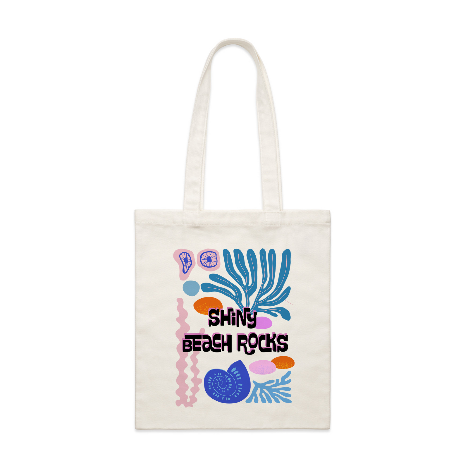 Cream parcel tote with Shiny Beach Rocks Tote graphic by Lonely Kids Club