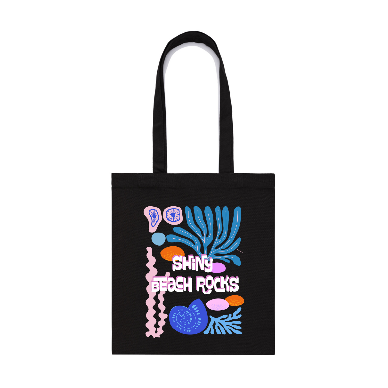 Black parcel tote with Shiny Beach Rocks Tote graphic by Lonely Kids Club