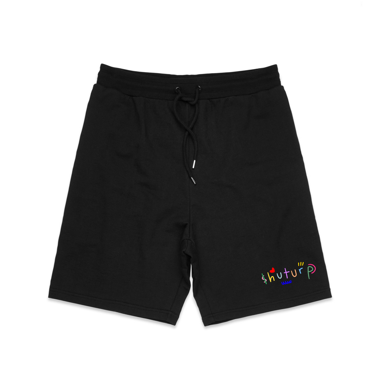 Black regular heavy shorts with Shuturp Shorts graphic by Lonely Kids Club