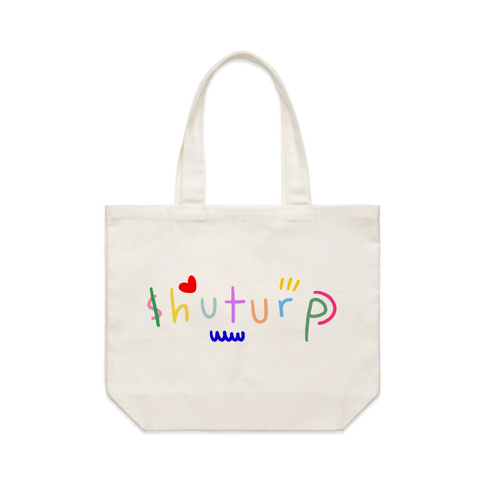 Cream shoulder tote with Shuturp Tote graphic by Lonely Kids Club
