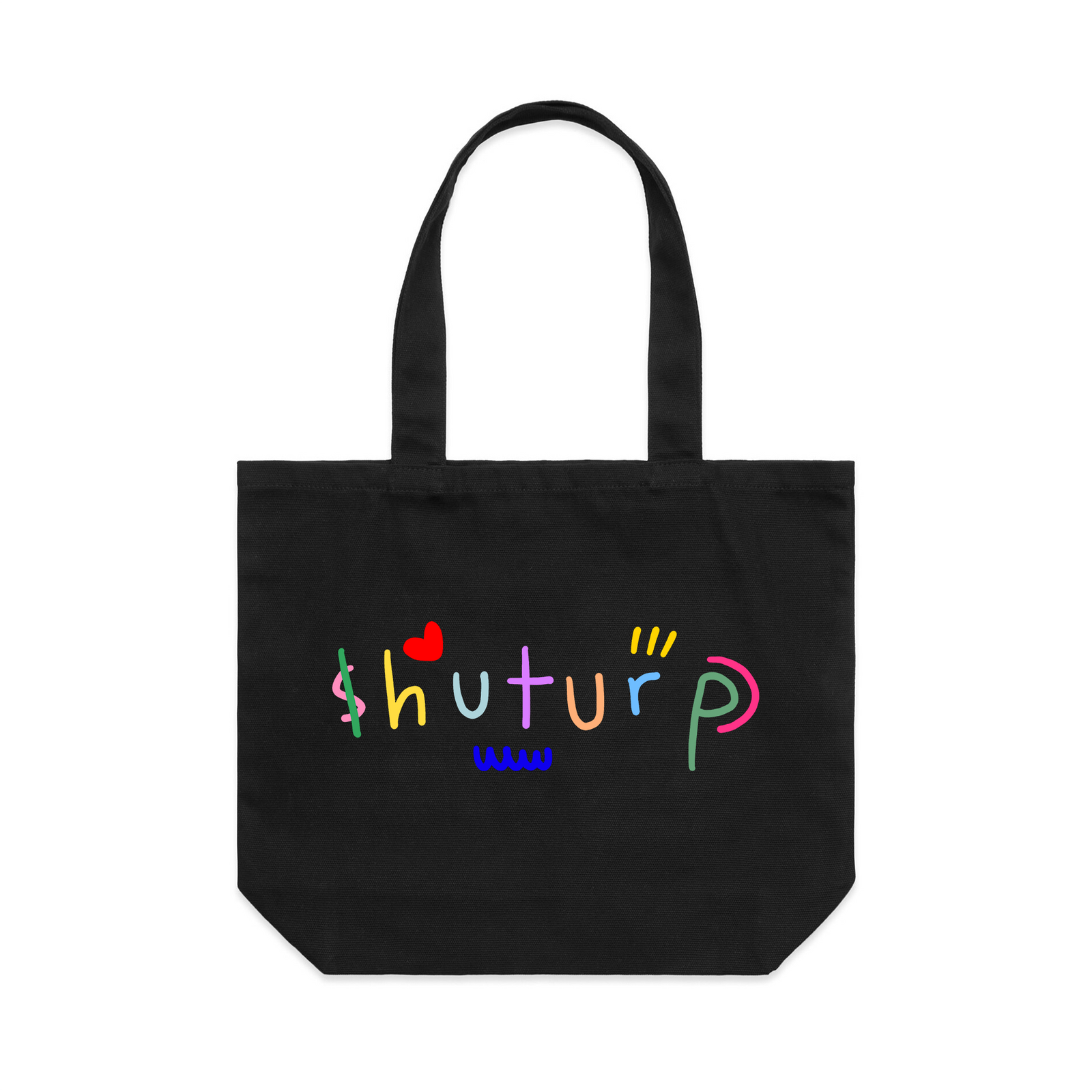 Black shoulder tote with Shuturp Tote graphic by Lonely Kids Club