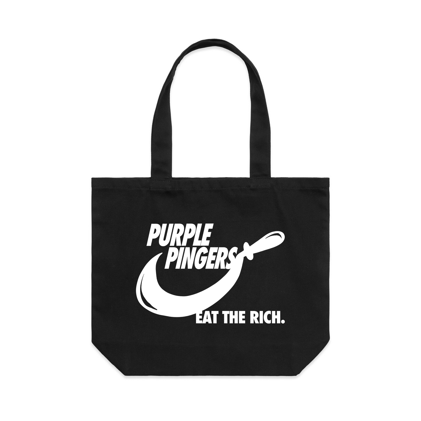 Black shoulder tote with Sickle Tote graphic by Lonely Kids Club