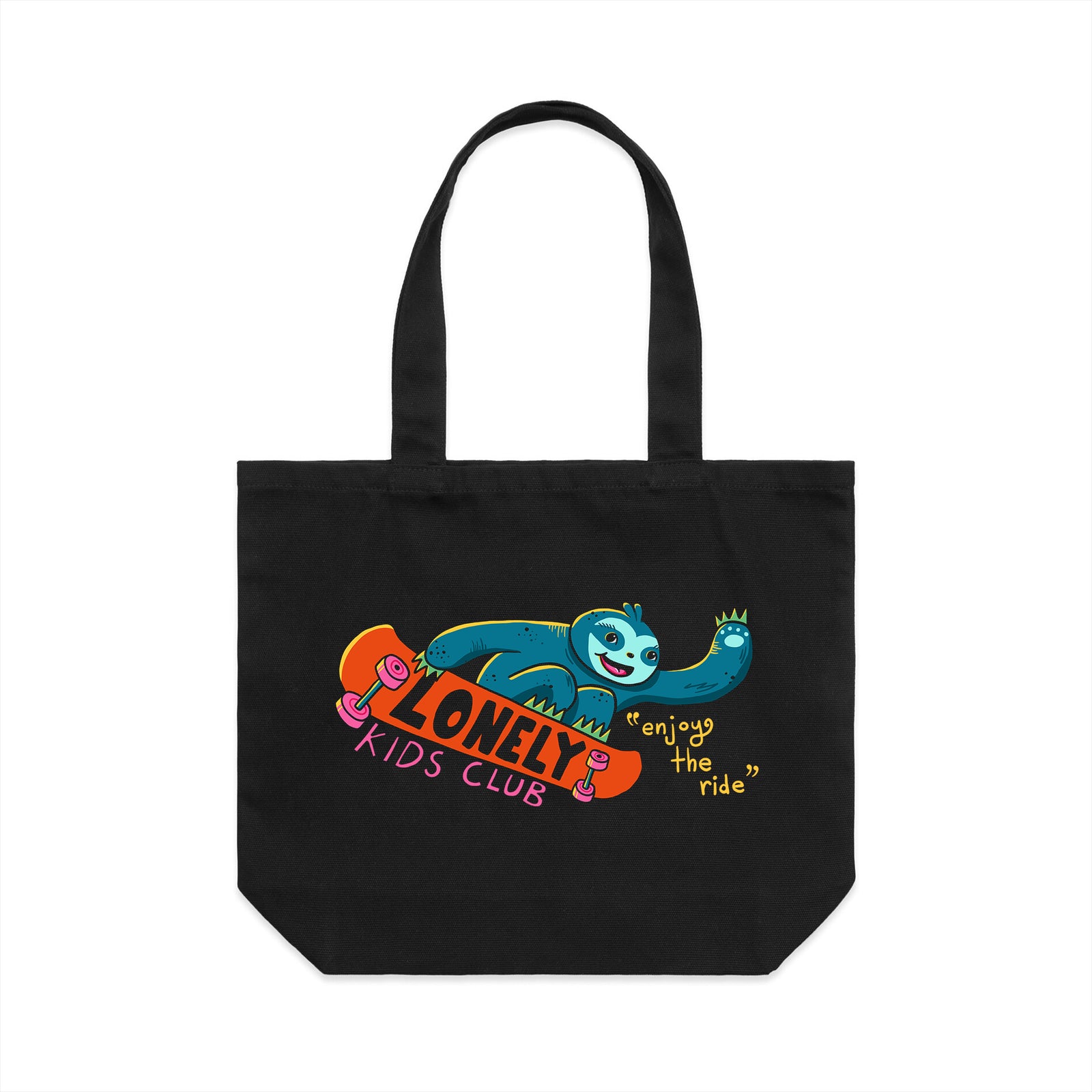 Black shoulder tote with Skateboarding Sloth Tote graphic by Lonely Kids Club