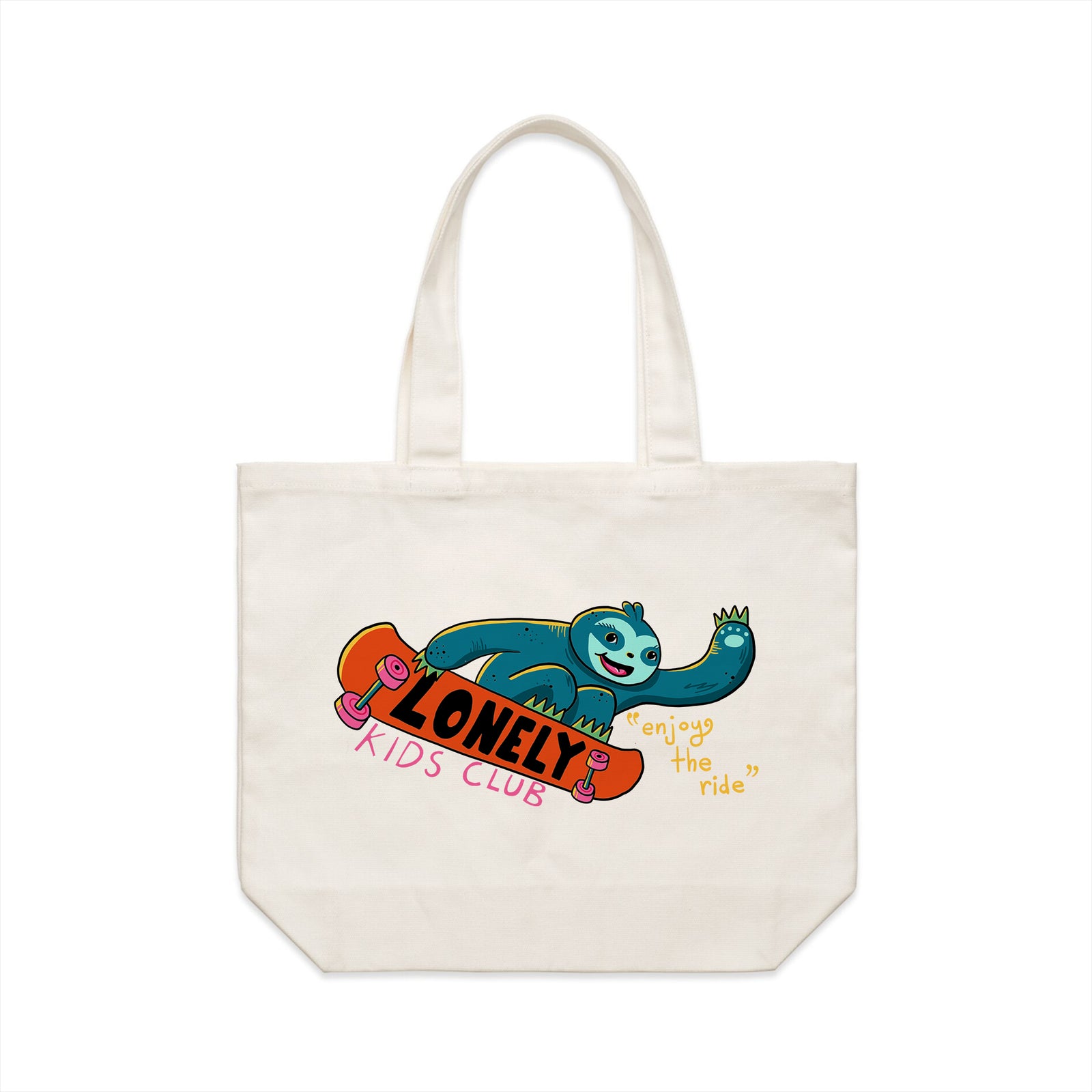 Cream shoulder tote with Skateboarding Sloth Tote graphic by Lonely Kids Club