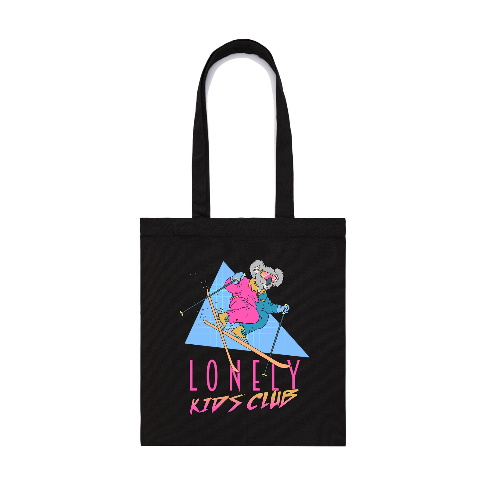 Black parcel tote with Skiing Koala Tote graphic by Lonely Kids Club