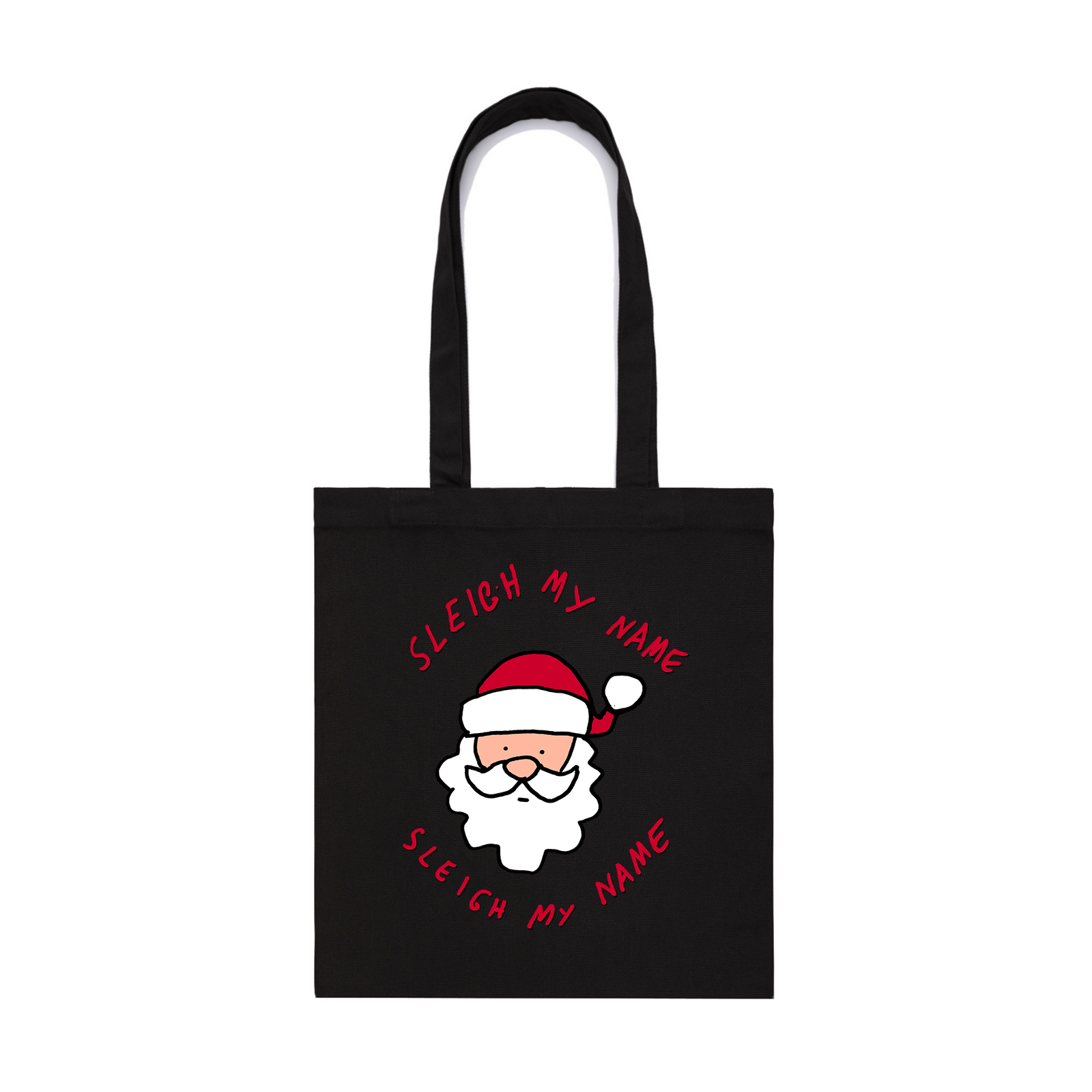 Black parcel tote with Sleigh My Name Tote graphic by Lonely Kids Club